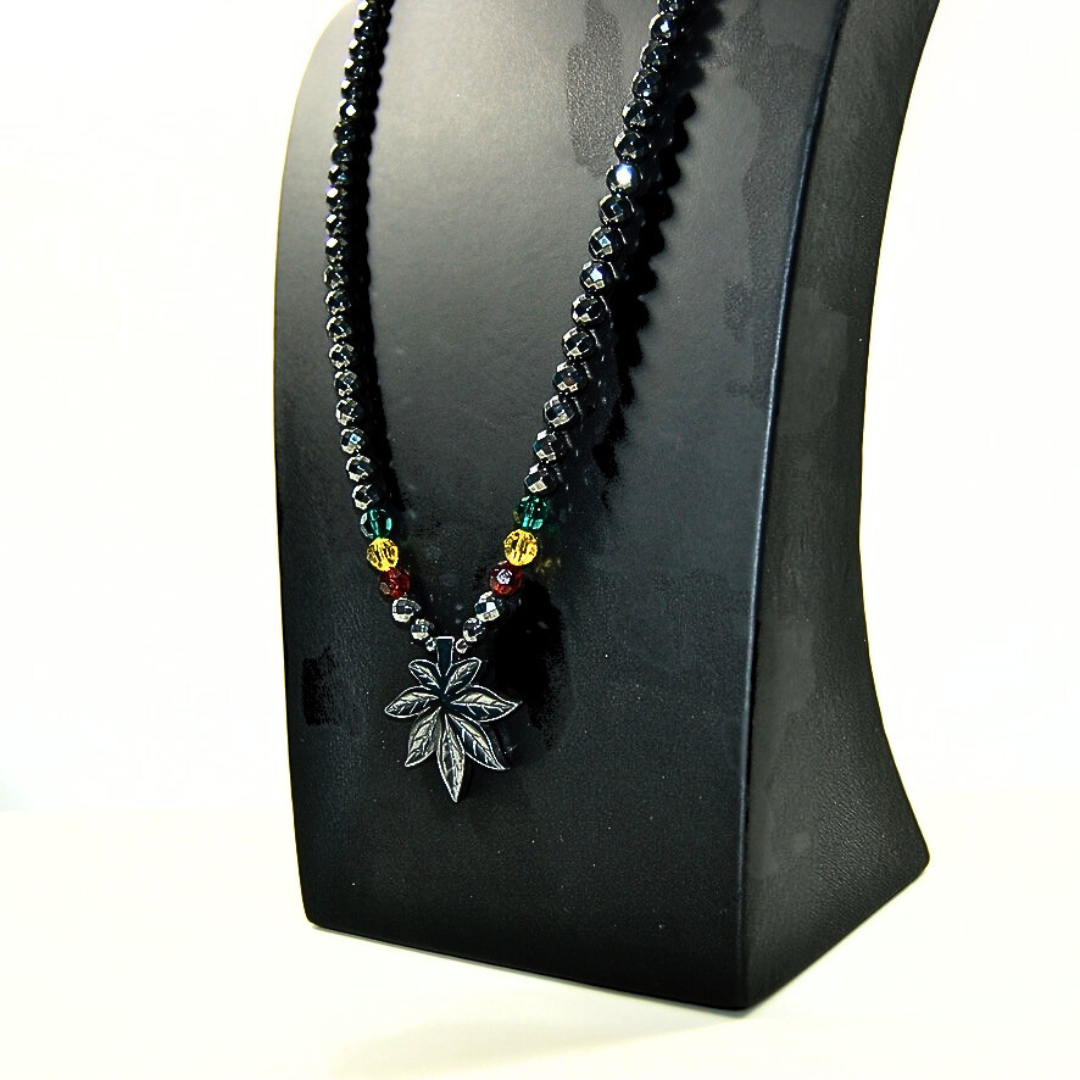 Reggae Crystal Hematite Leaf Pendant Necklace